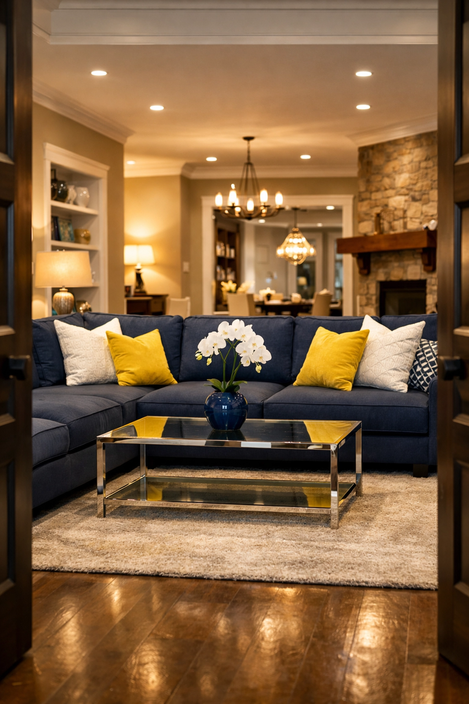 Clutter-free inviting living room with a navy sectional prepared for guests and social gatherings.