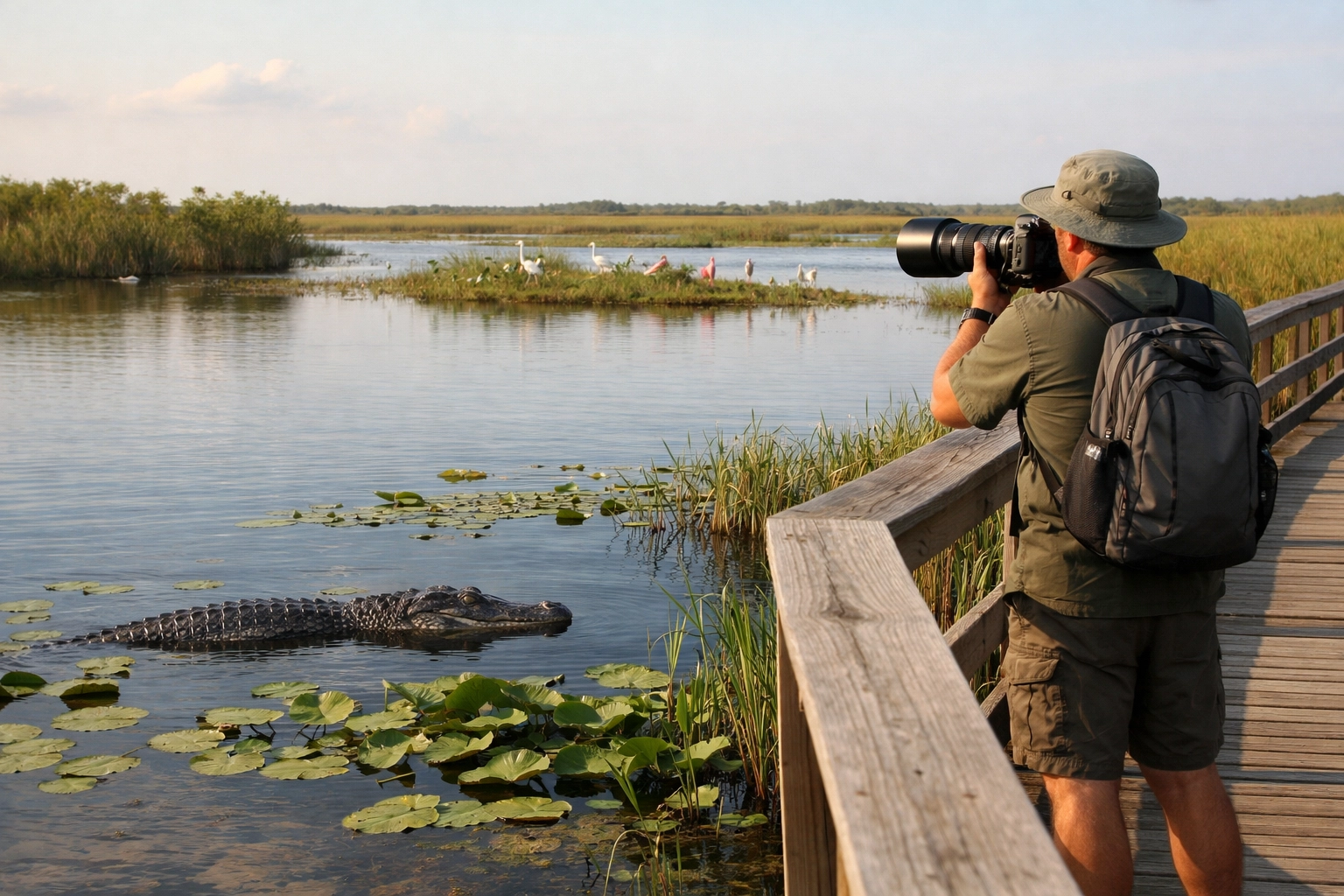 A photographer keeping a safe distance from an alligator while shooting on an Everglades boardwalk.