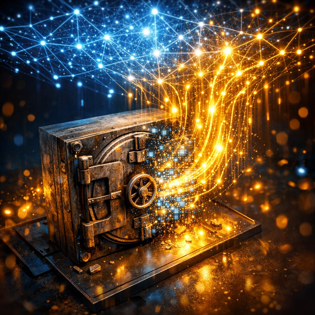 Traditional bank vault door dissolving into digital light streams representing financial freedom and Web3 payments.