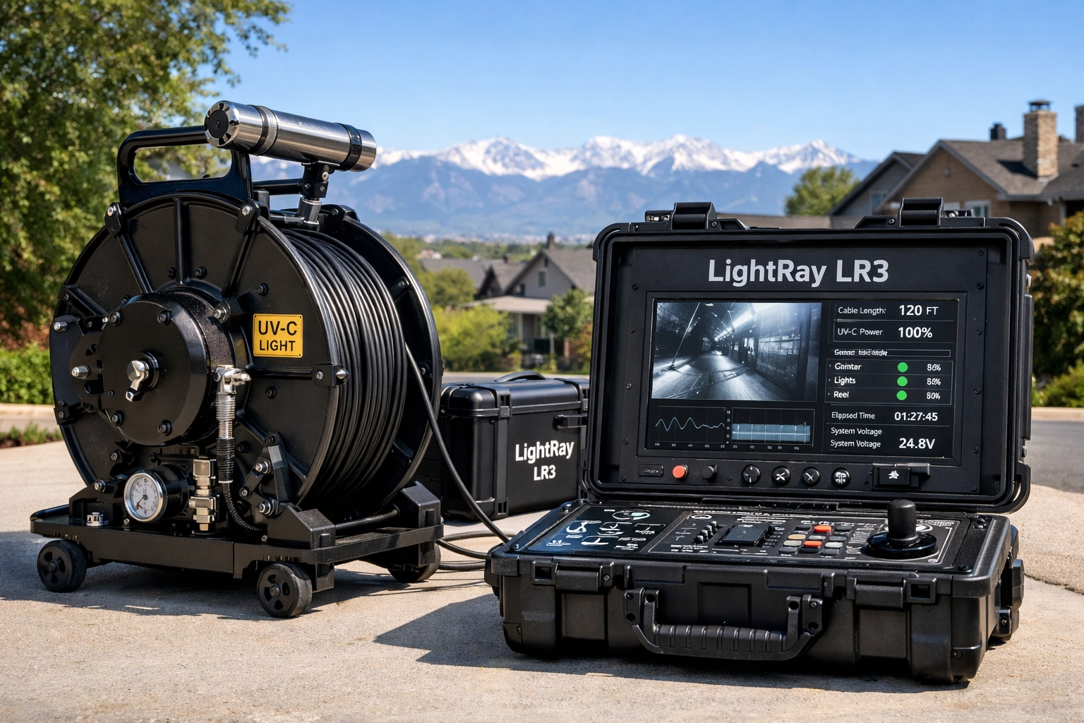 Professional LightRay LR3 sewer repair equipment ready for a trenchless pipe lining job in Denver.