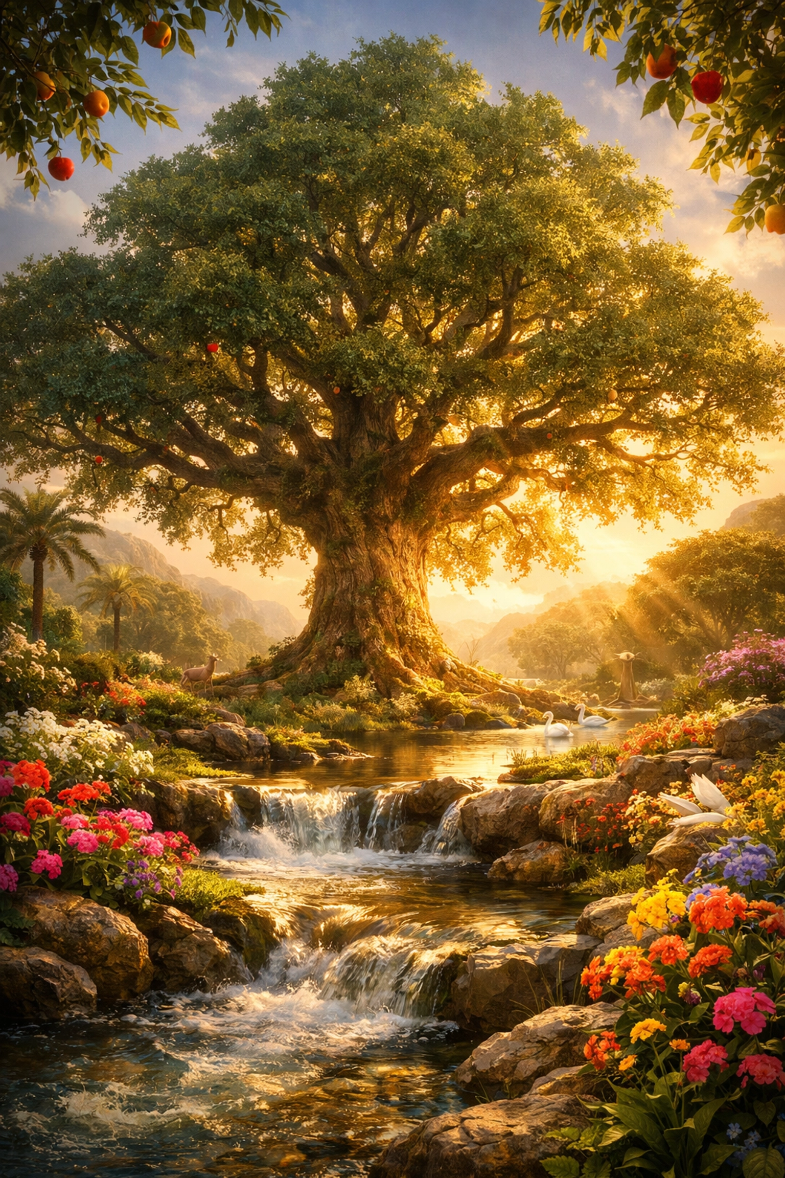 Garden of Eden with tree of knowledge before the Fall, showing God's perfect creation