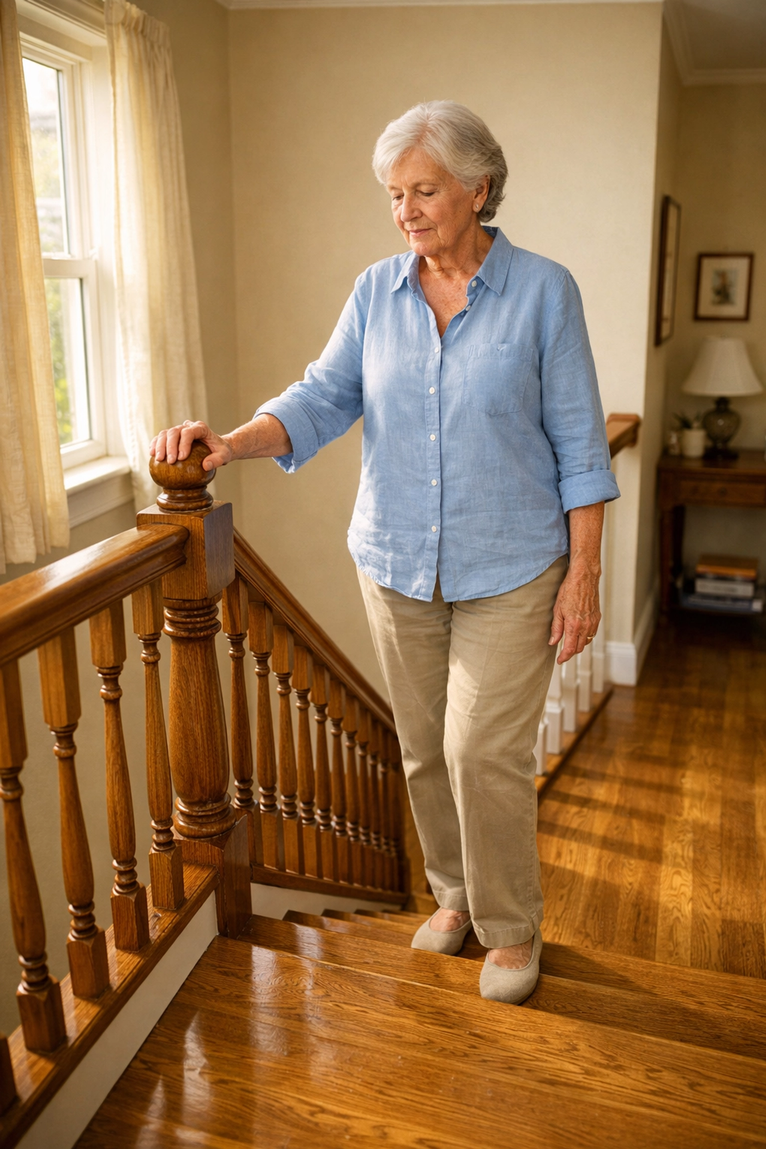 Senior woman using a sturdy wooden handrail for balance at the top of a staircase.