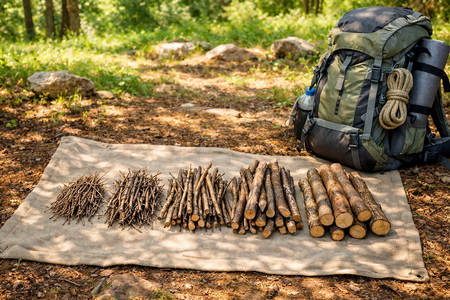 A large organized pile of dry kindling sorted by size for a camping adventure UK in a woodland clearing.