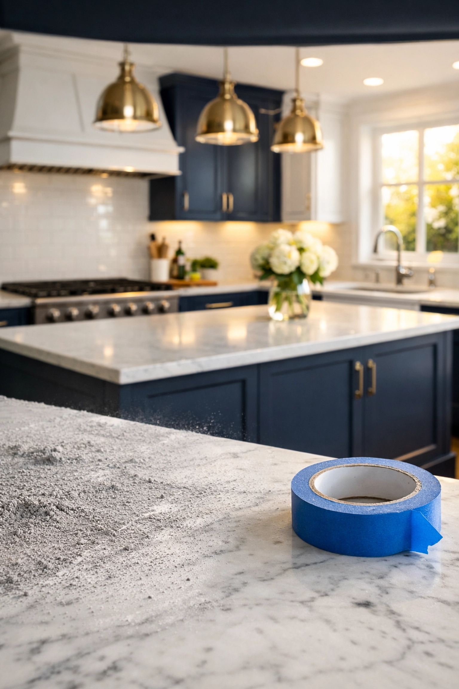 Post construction cleaning transition showing a dusty kitchen compared to a sparkling clean North Shore remodel.