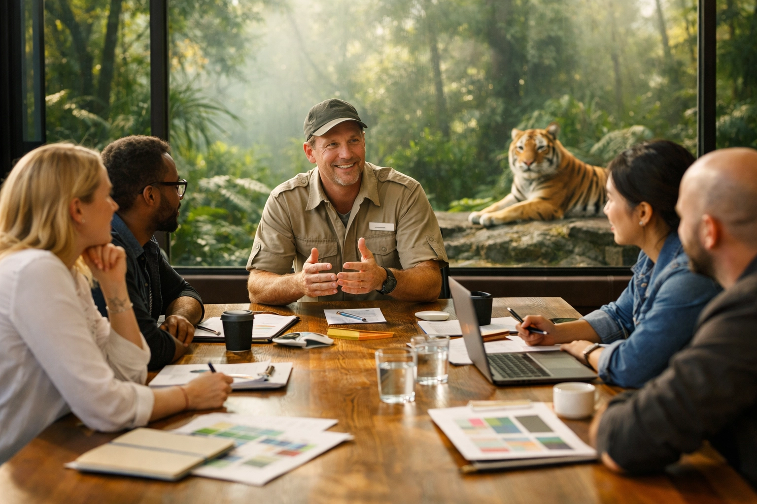 Zoo branding agency experts and zookeepers collaborating on a creative corporate identity strategy in a modern boardroom.
