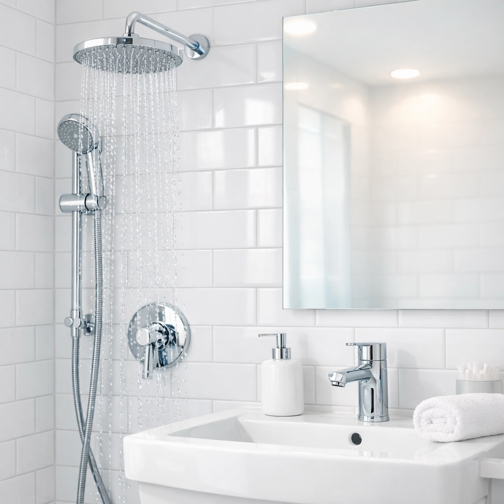 Spotless apartment bathroom with clean grout and fixtures after professional make ready cleaning