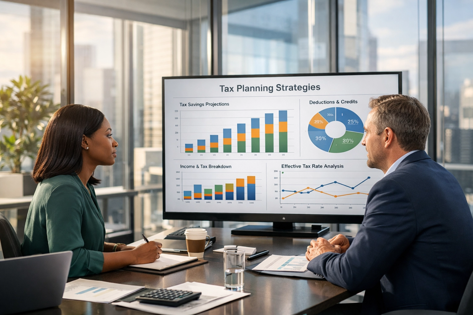 Consultants analyzing financial data and 2026 tax planning strategies in a modern office meeting.