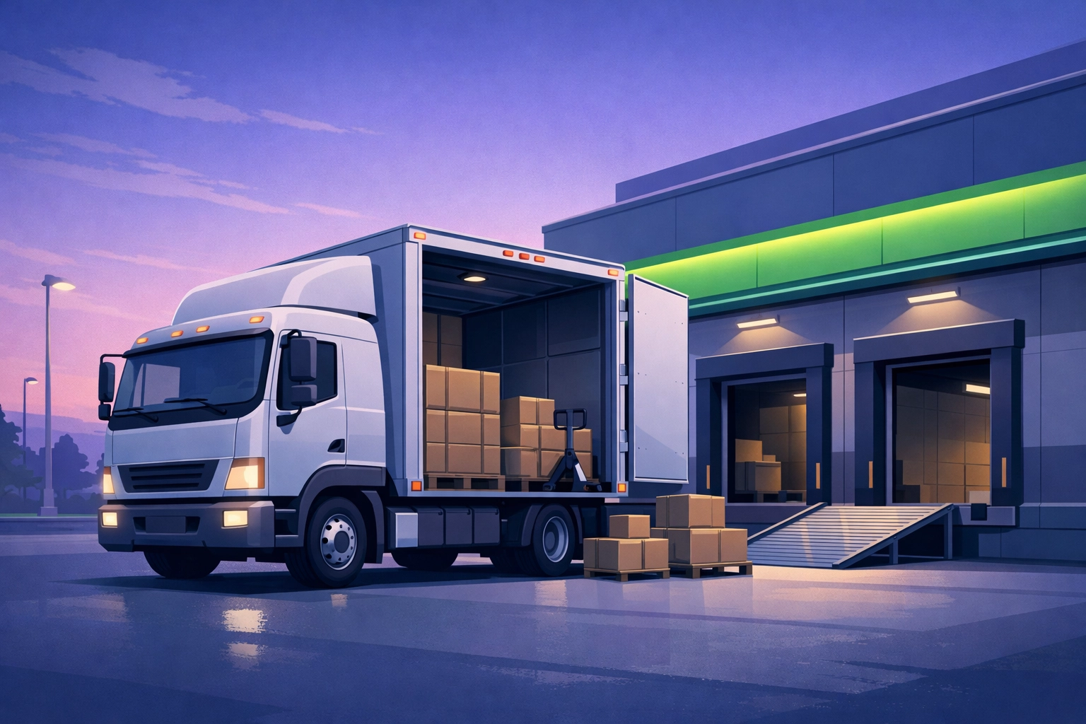 Delivery truck at retail store during early morning store delivery shift