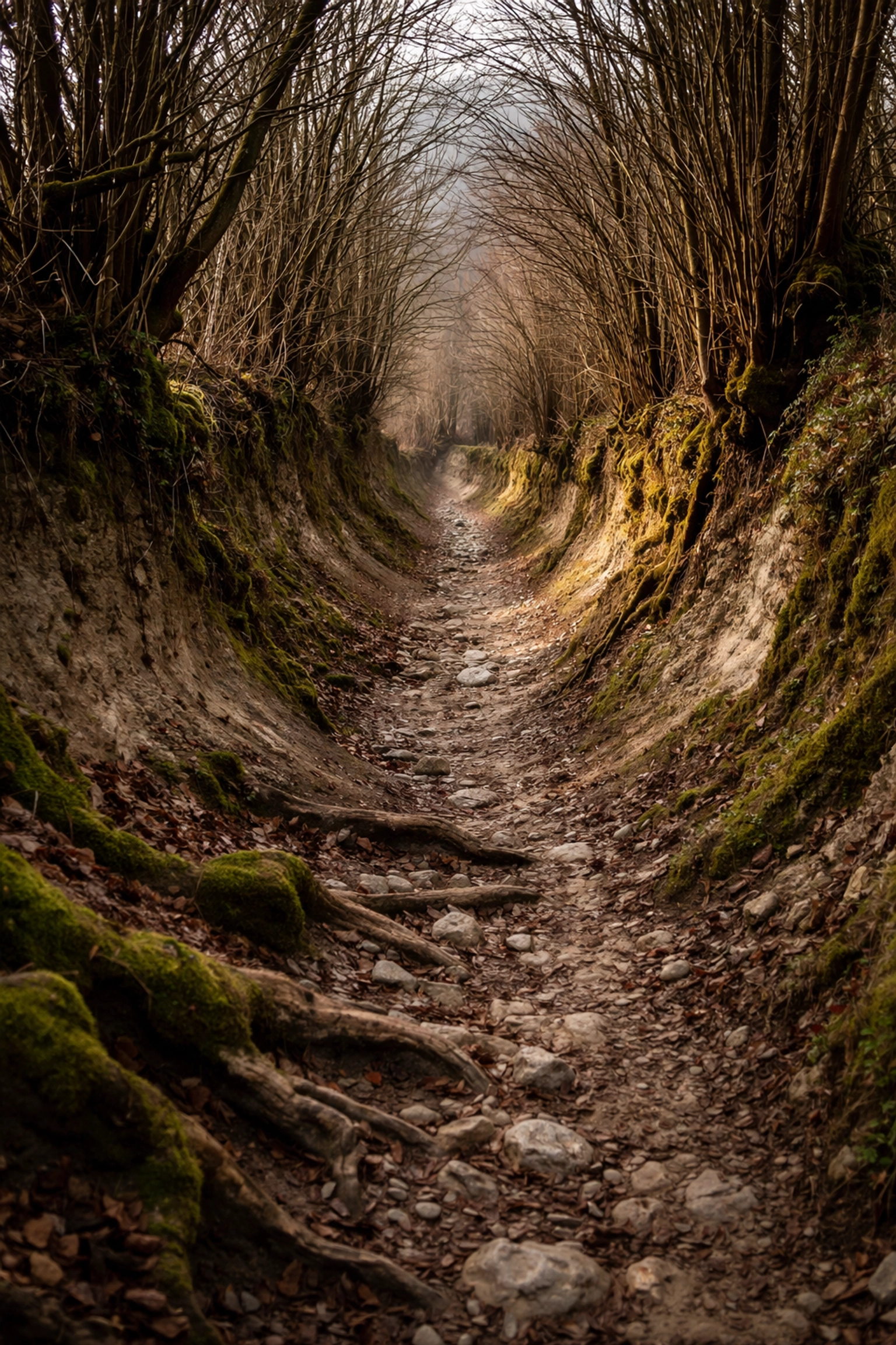 Ancient sunken lane along the Pilgrims' Way in Kent, showing centuries-old footpath