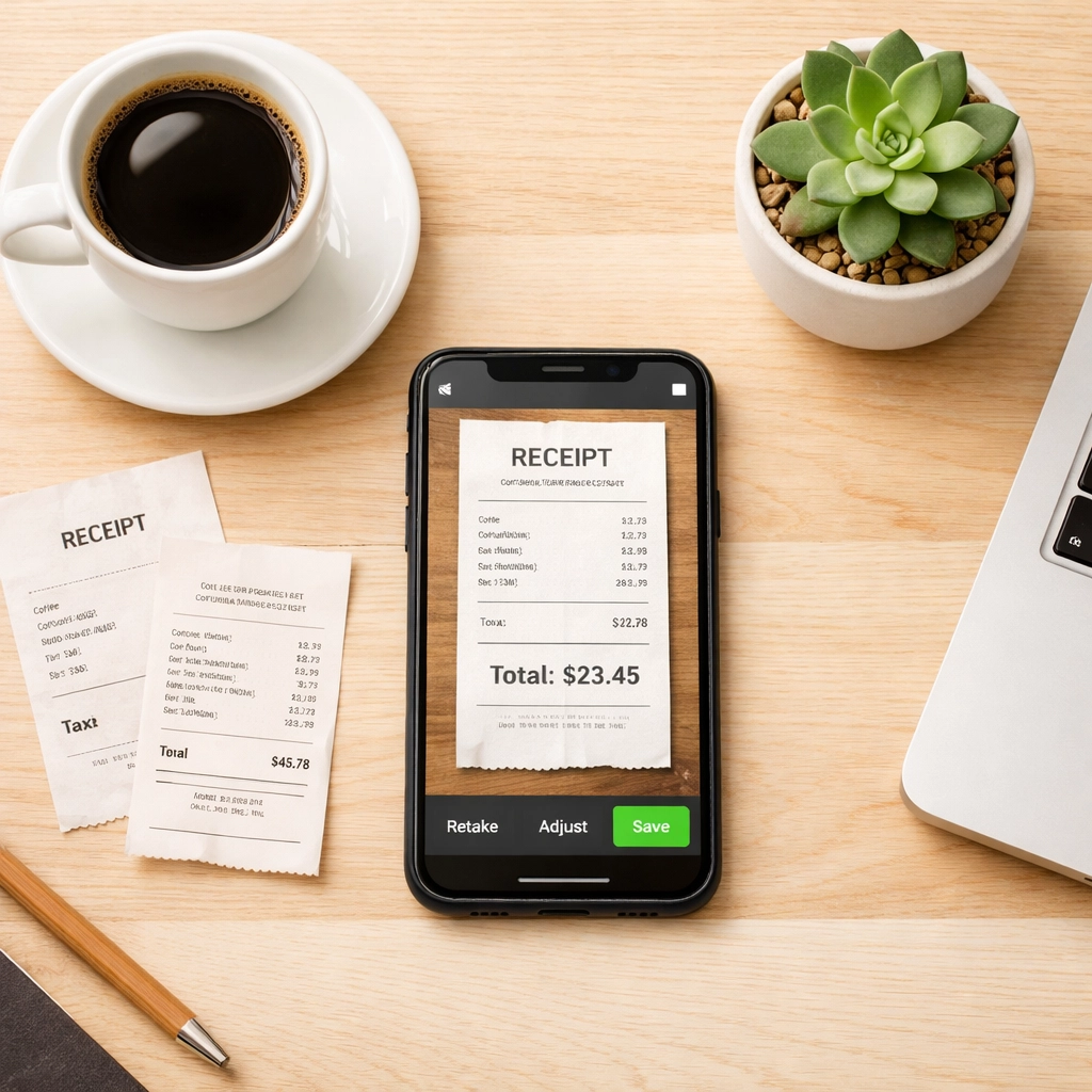Smartphone with receipt scanning app on desk next to paper receipts and laptop for tax organization