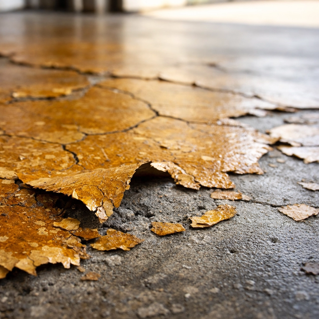 Yellowing and peeling epoxy garage floor coating showing cracks and UV damage from the Mississippi sun.