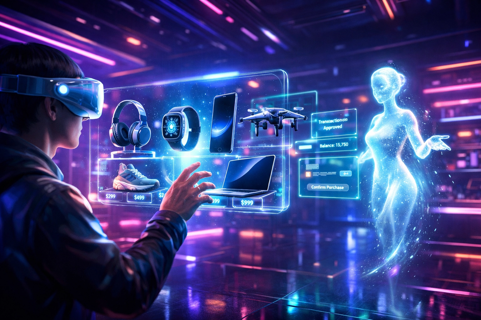 Larecoin.ai metaverse storefront featuring AI shopping assistants and holographic high-tech products.