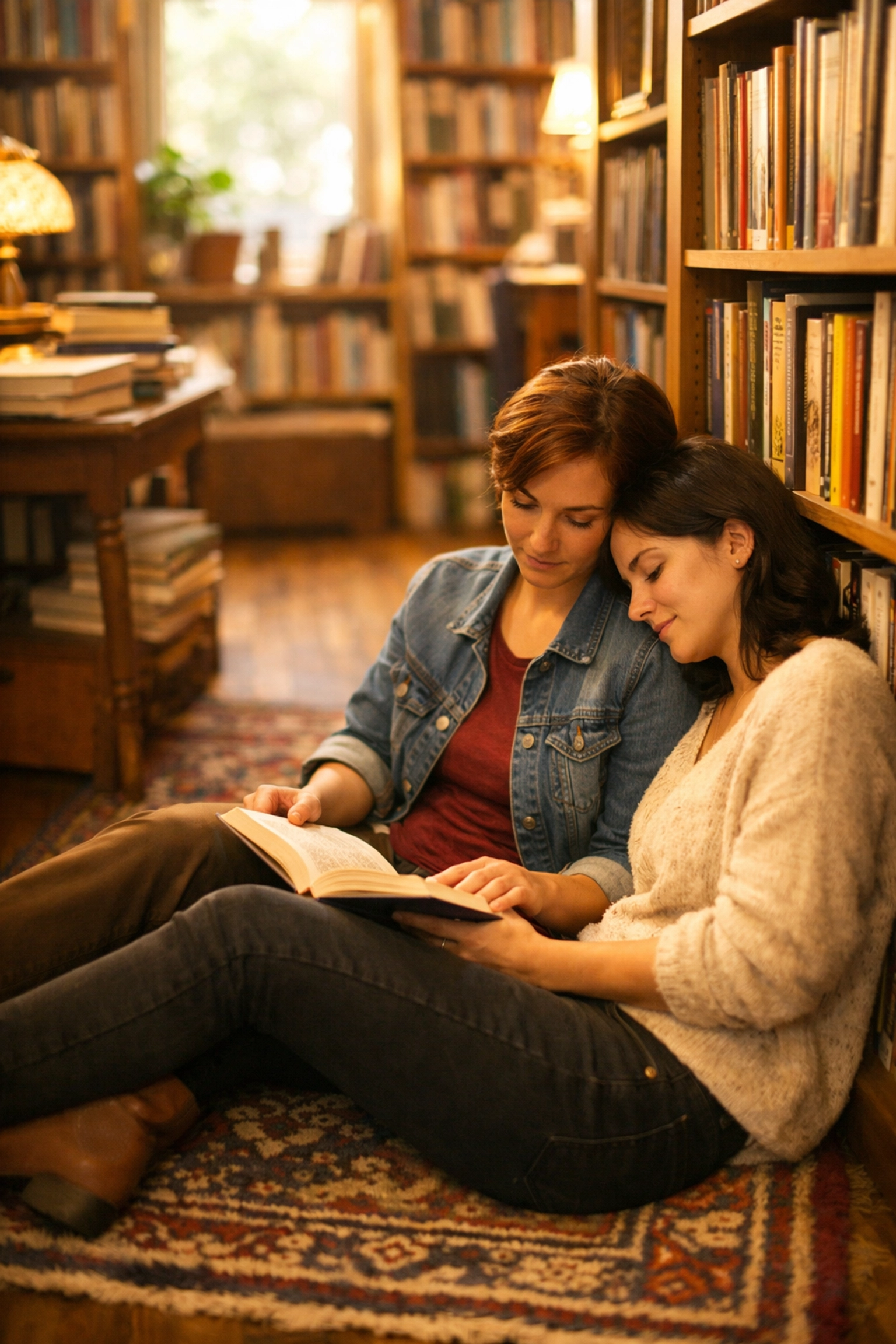 A lesbian couple reads together in a sunlit bookstore, celebrating the sanctuary of LGBTQ+ literature and stories.