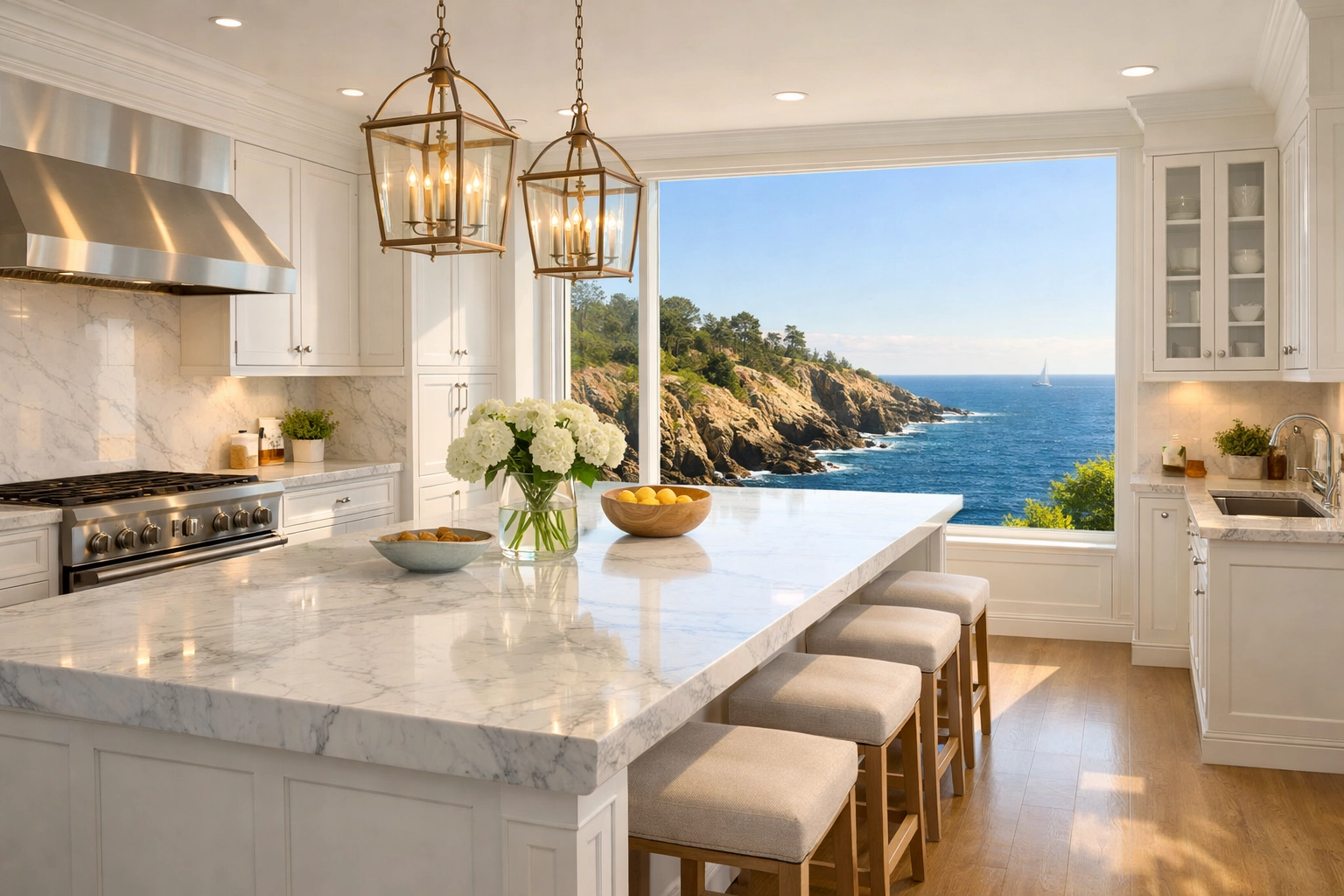 A Reliable House Cleaning service in Marblehead keeps this luxury mansion kitchen and marble island pristine.