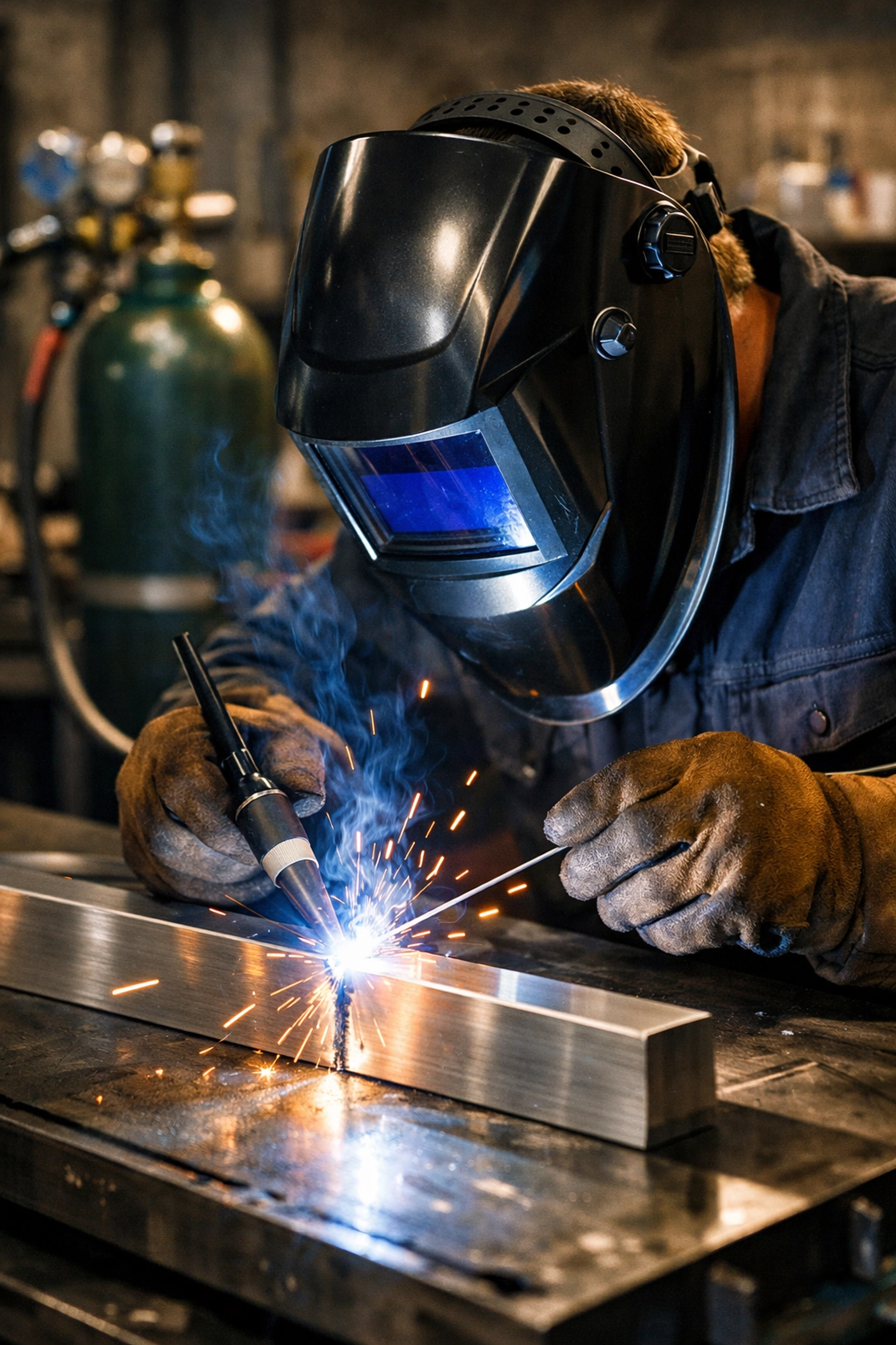 Professional aluminium MIG welding using pure argon gas for a clean and high-quality weld finish.