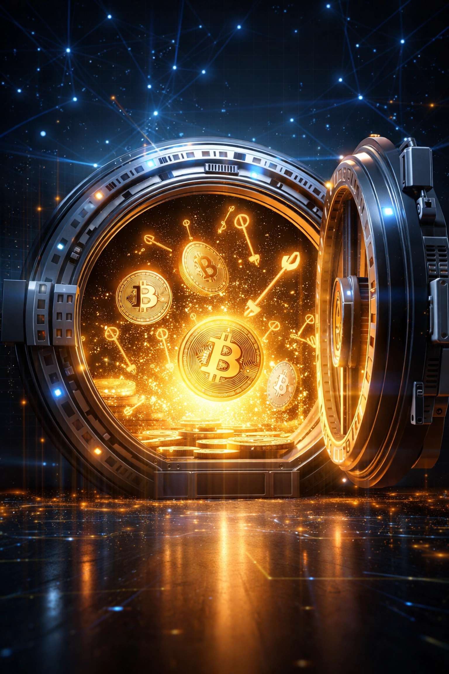 Open vault with glowing cryptocurrency coins and keys symbolizes self-custody merchant account security and financial sovereignty.