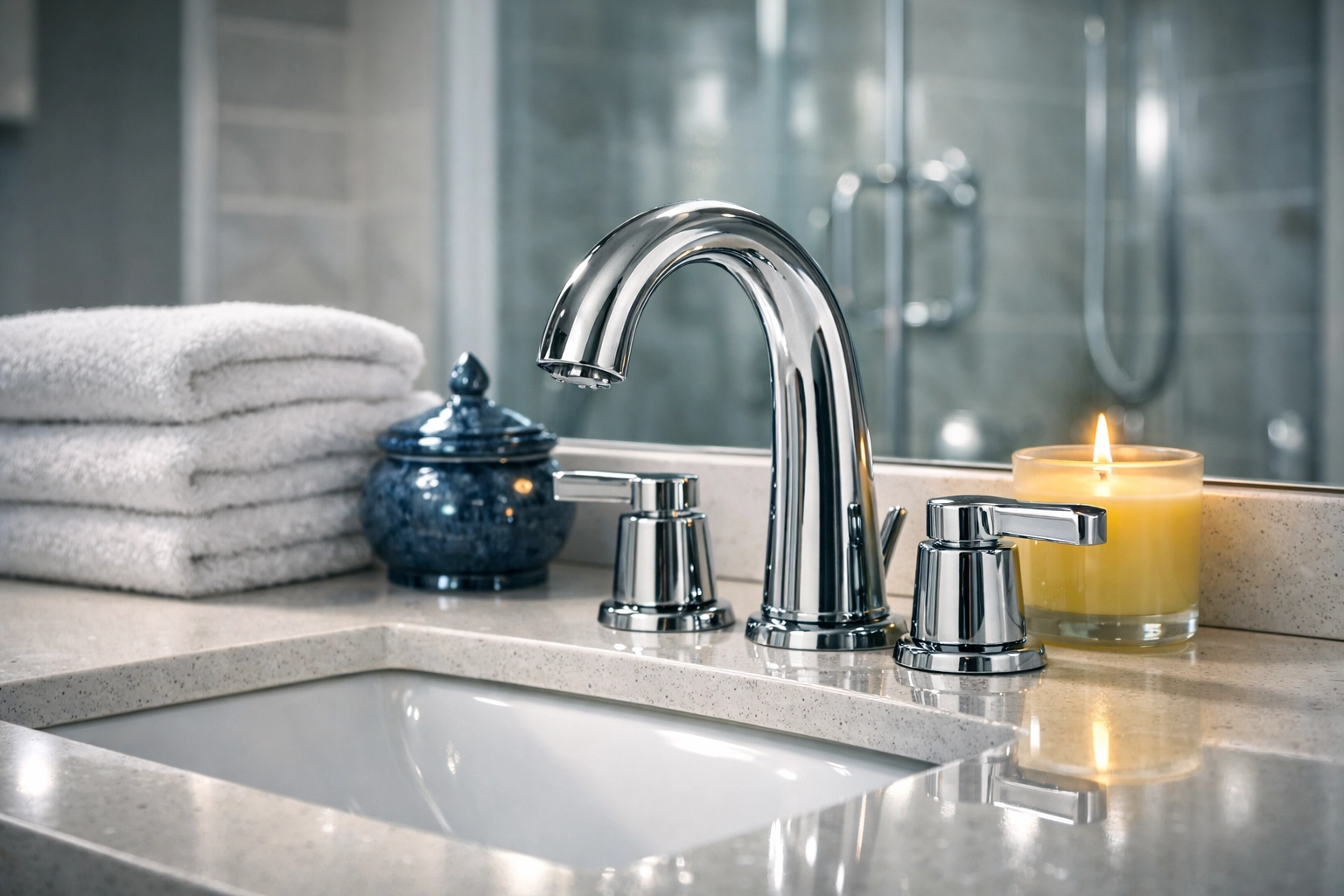 Sparkling clean bathroom vanity in a Leominster home with sanitized countertops and polished chrome.