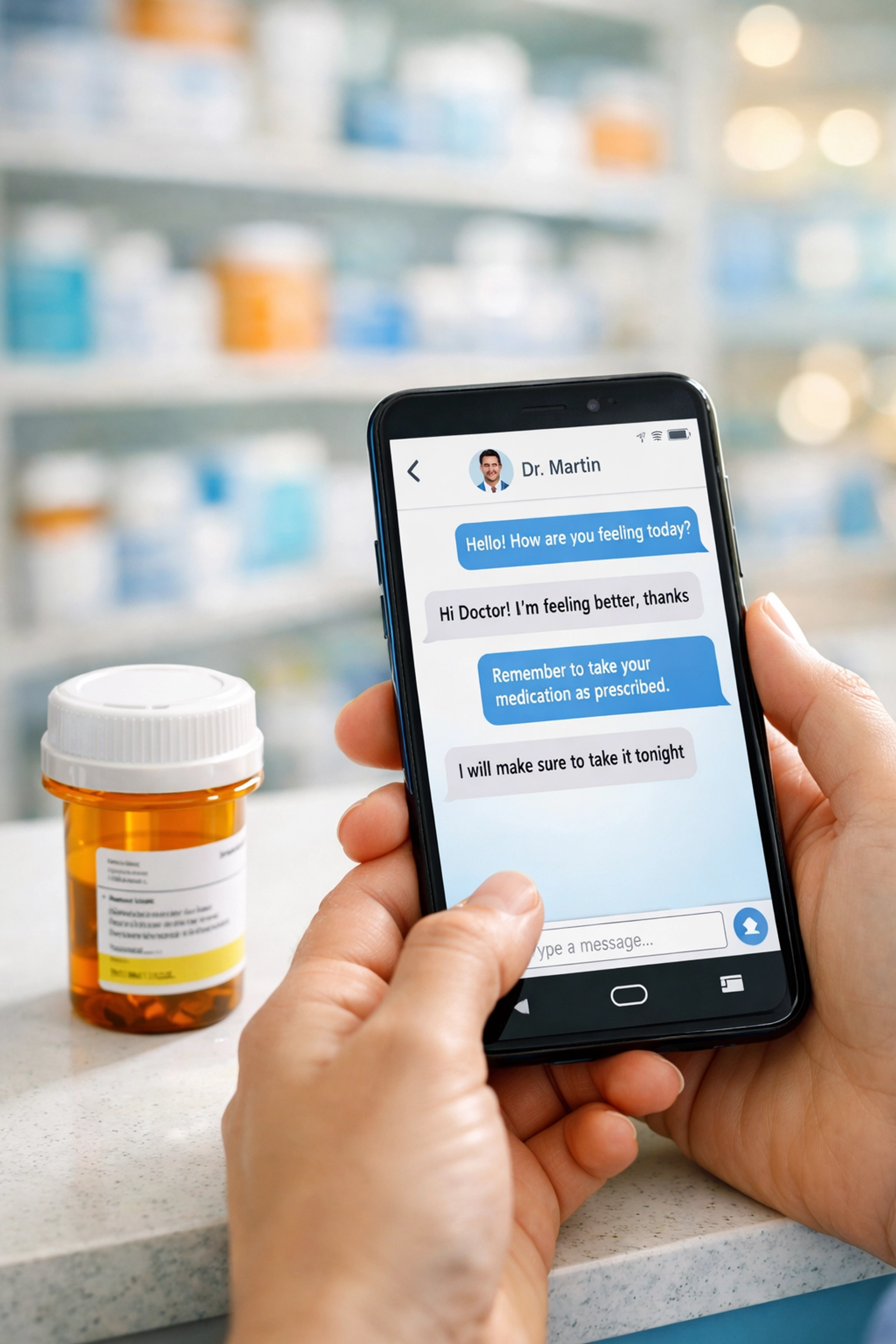Patient using smartphone for online prescription refill at pharmacy counter