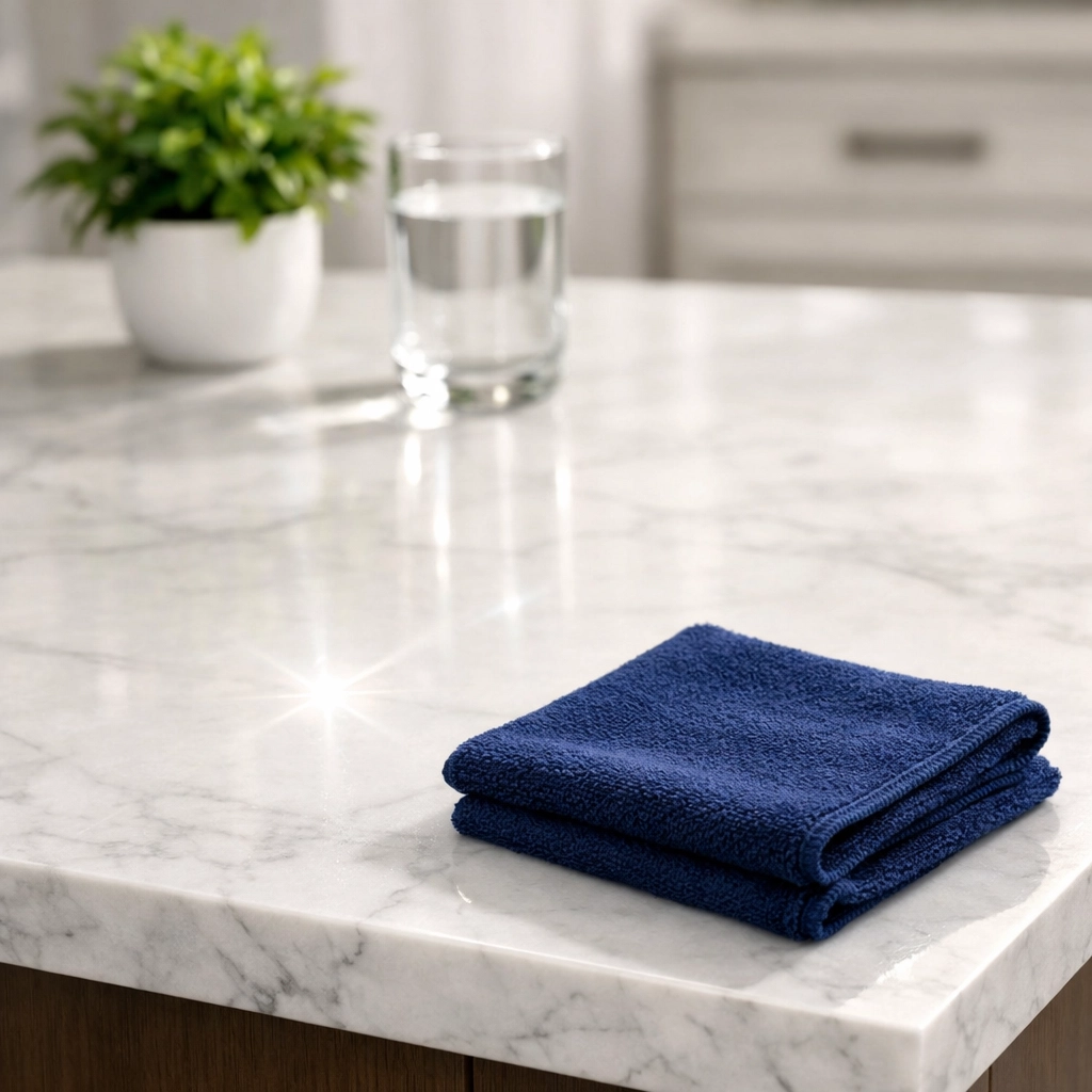 Spotless marble kitchen island cleaned using eco-friendly products and ninja-level efficiency.