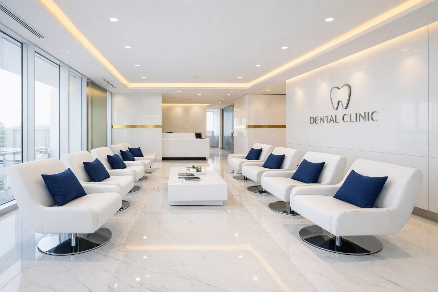 Pristine dental office waiting room with clean surfaces and professional interior design.