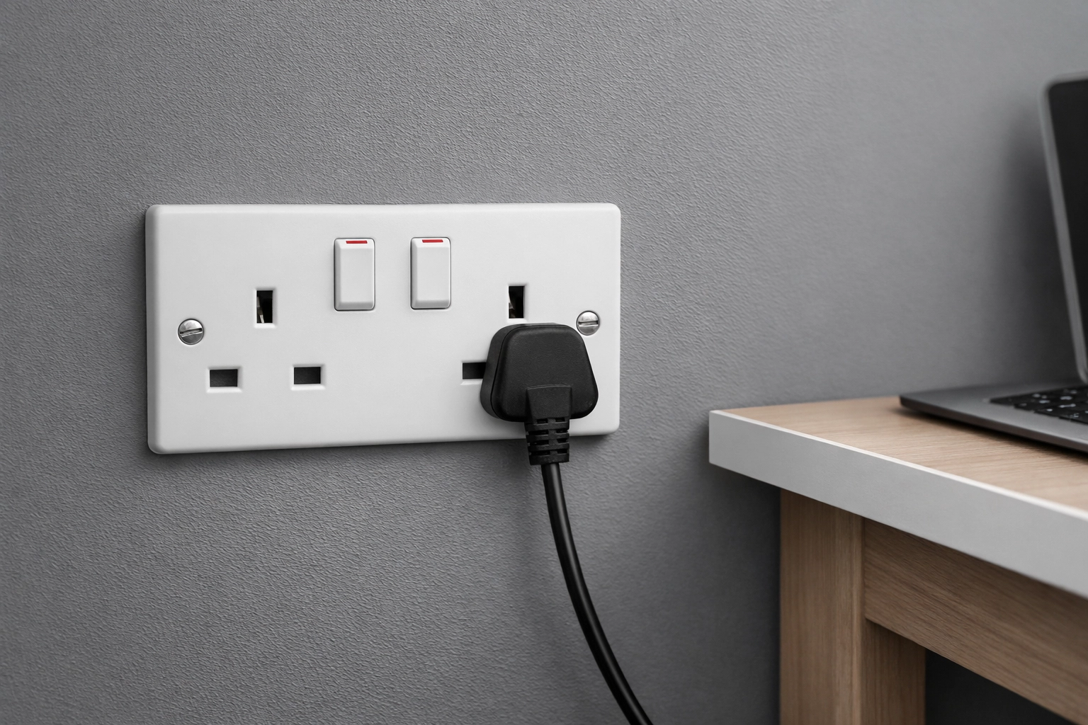 New UK electrical sockets installed in a home office by a professional electrician in Dorset.