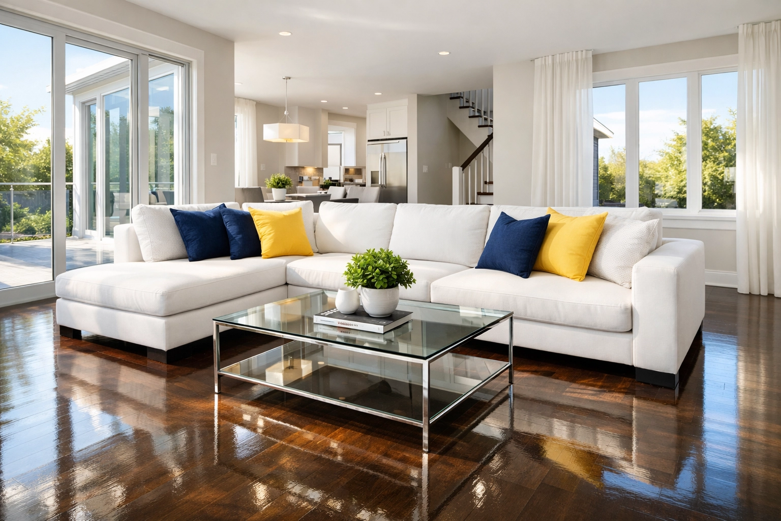 Pristine living room with polished hardwood floors from professional weekly house cleaning in Leominster MA.