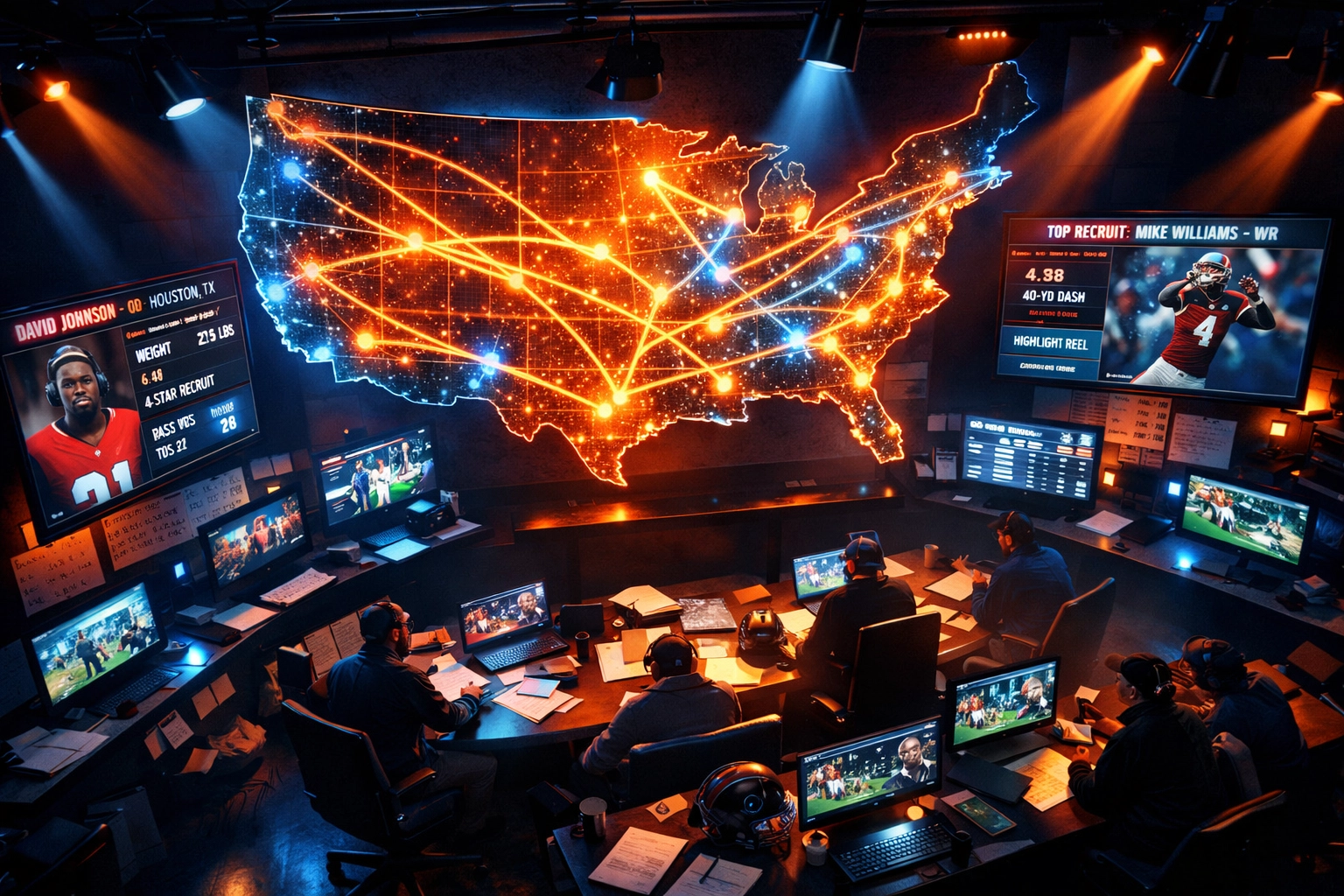 College football recruiting war room with map tracking transfer portal targets