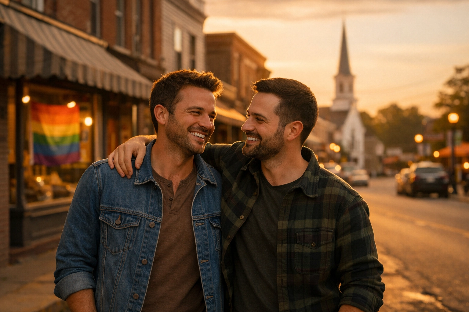 Gay couple embracing on small town main street with rainbow flag in window