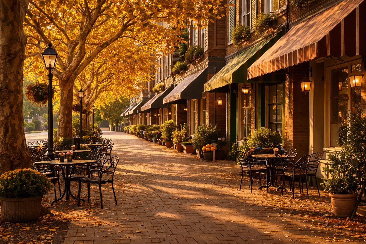Charming historic downtown street in South Jersey with tree-lined sidewalks, boutique shops, and outdoor seating in autumn.