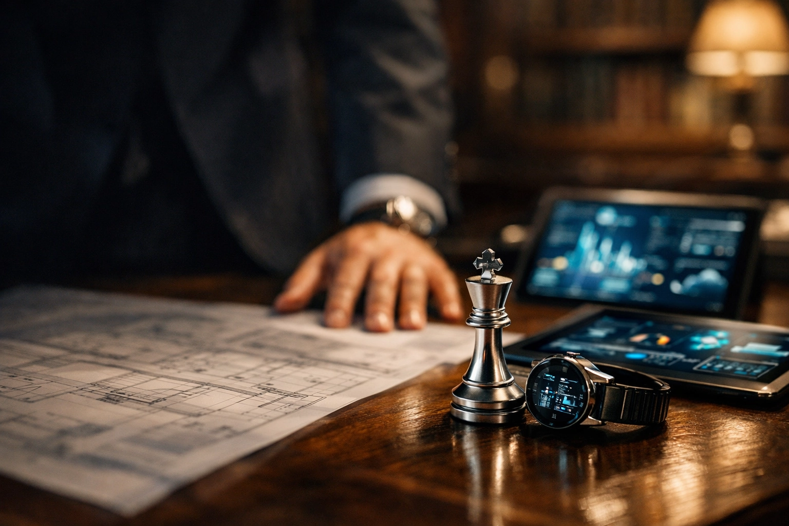 Strategist analyzing data and blueprints to plan institutional asset management and clear exit strategies.