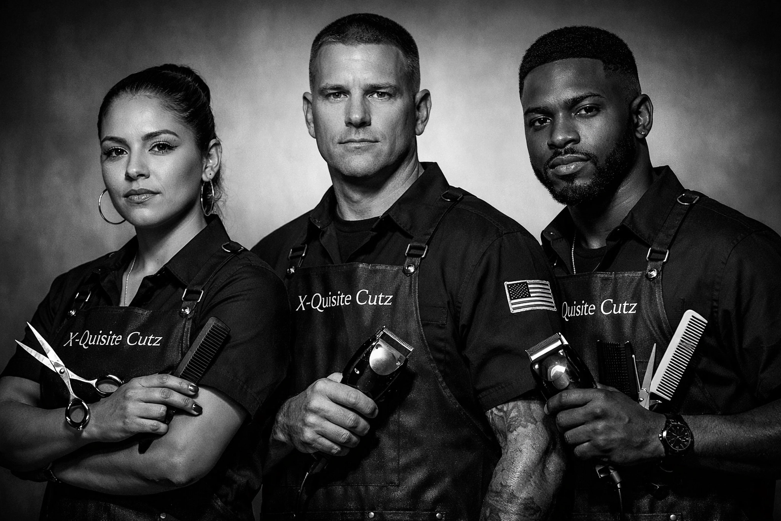 Three diverse licensed barber graduates holding professional tools after completing training program