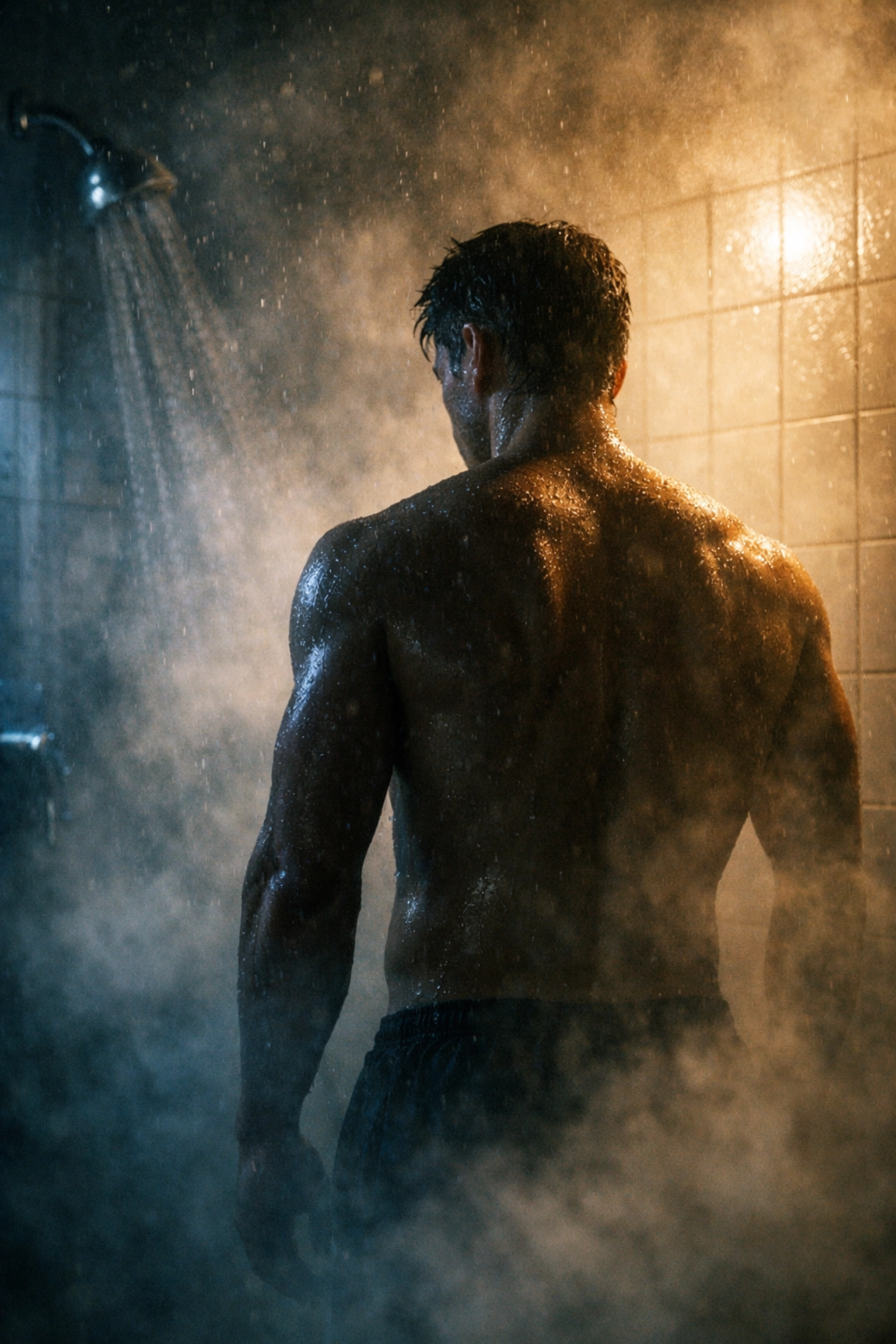 Man in steamy gym shower at midnight reflecting the vulnerable intimacy of late-night gym sessions