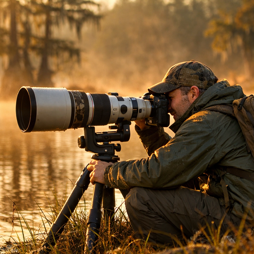 Professional wildlife photography guide using a telephoto lens at a misty lake during golden hour.