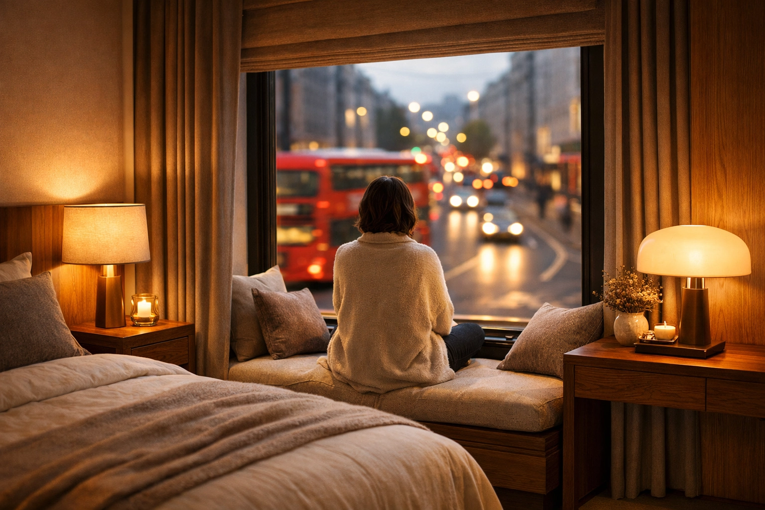 Peaceful luxury bedroom in Mayfair protected from street noise by high-specification soundproof secondary glazing
