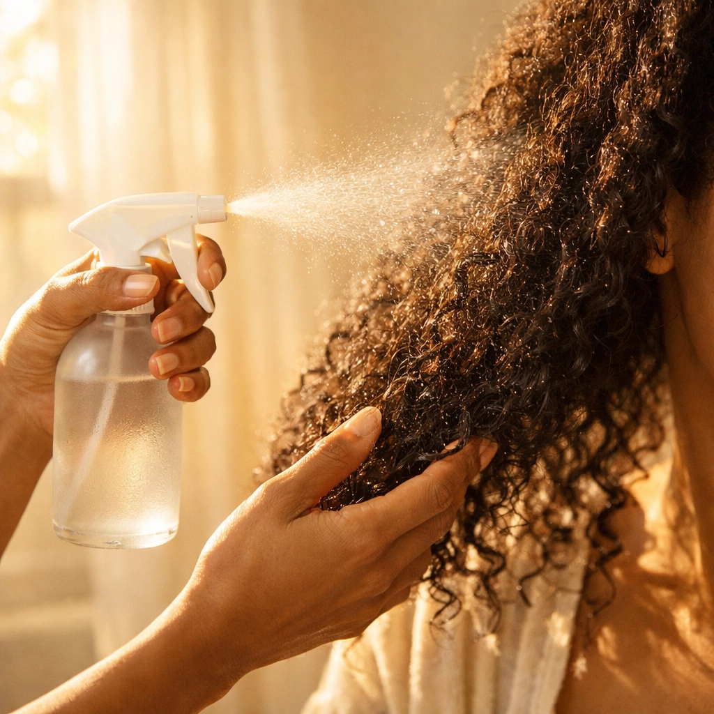Woman spraying natural moisturizer on textured hair for daily hydration