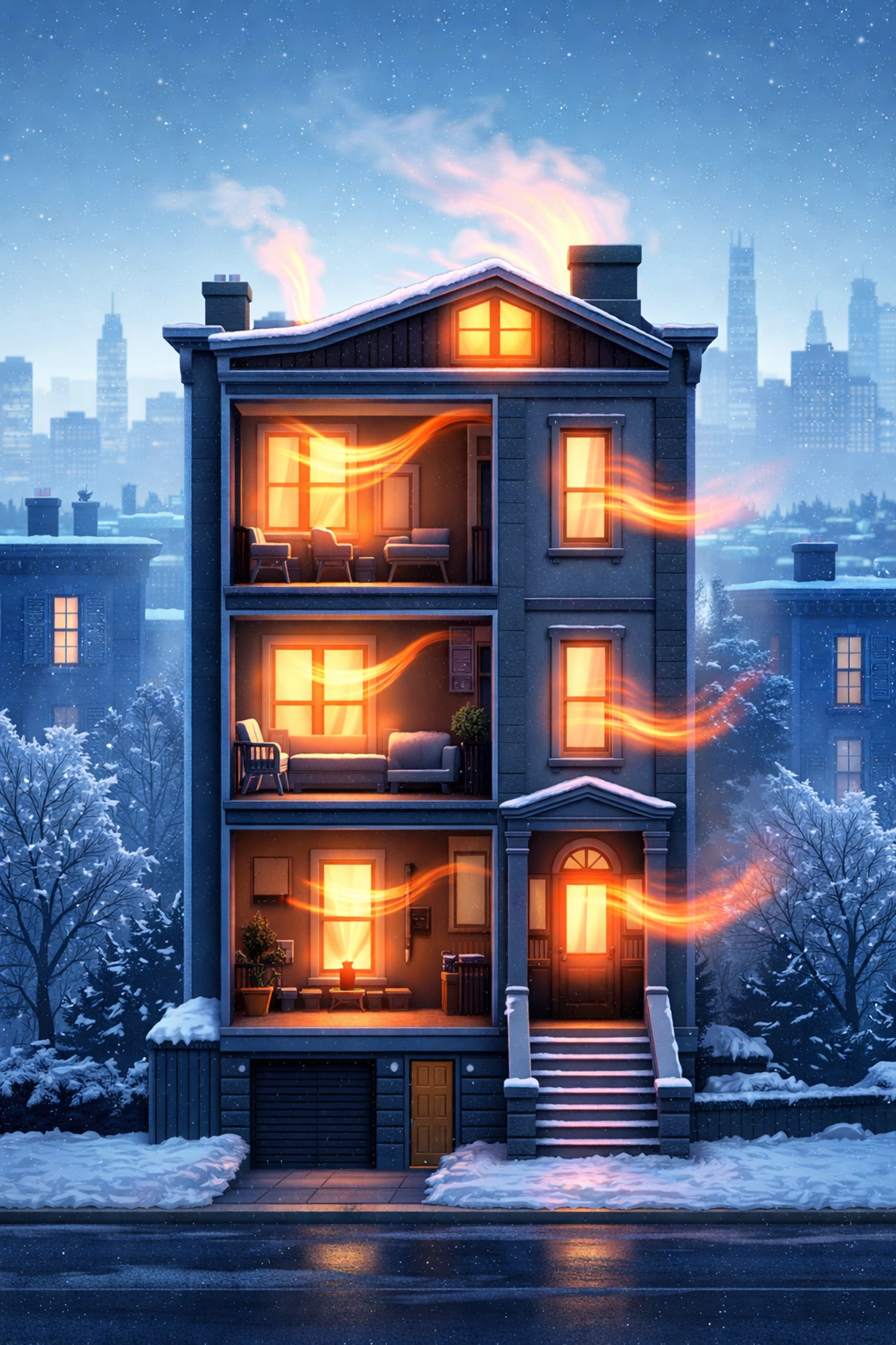 Brooklyn brownstone cross-section showing heat escaping through windows, doors, and roof during winter