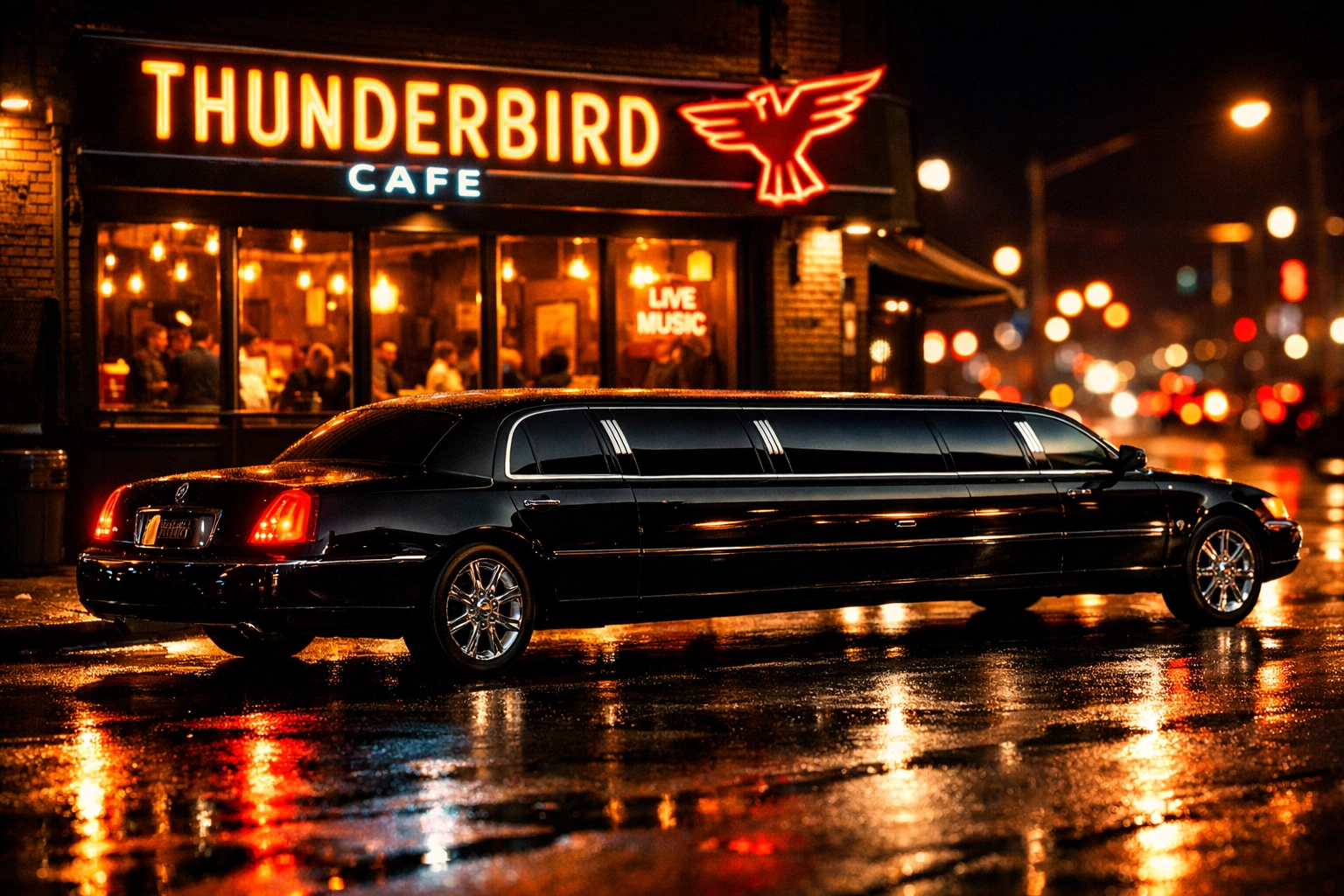 Black stretch limousine parked outside Thunderbird Cafe in Pittsburgh's Lawrenceville at night