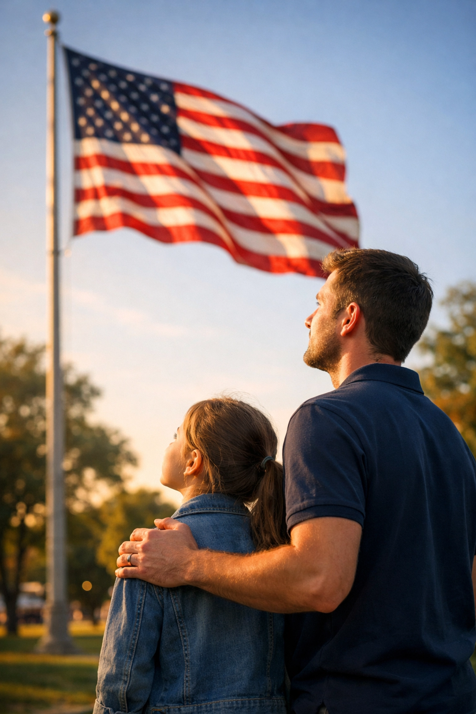 Father and daughter looking at the American flag to learn about Pledge of Allegiance history.