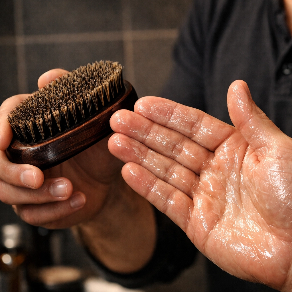 Grooming ritual showing hands applying beard butter with a premium boar-bristle brush for styling.