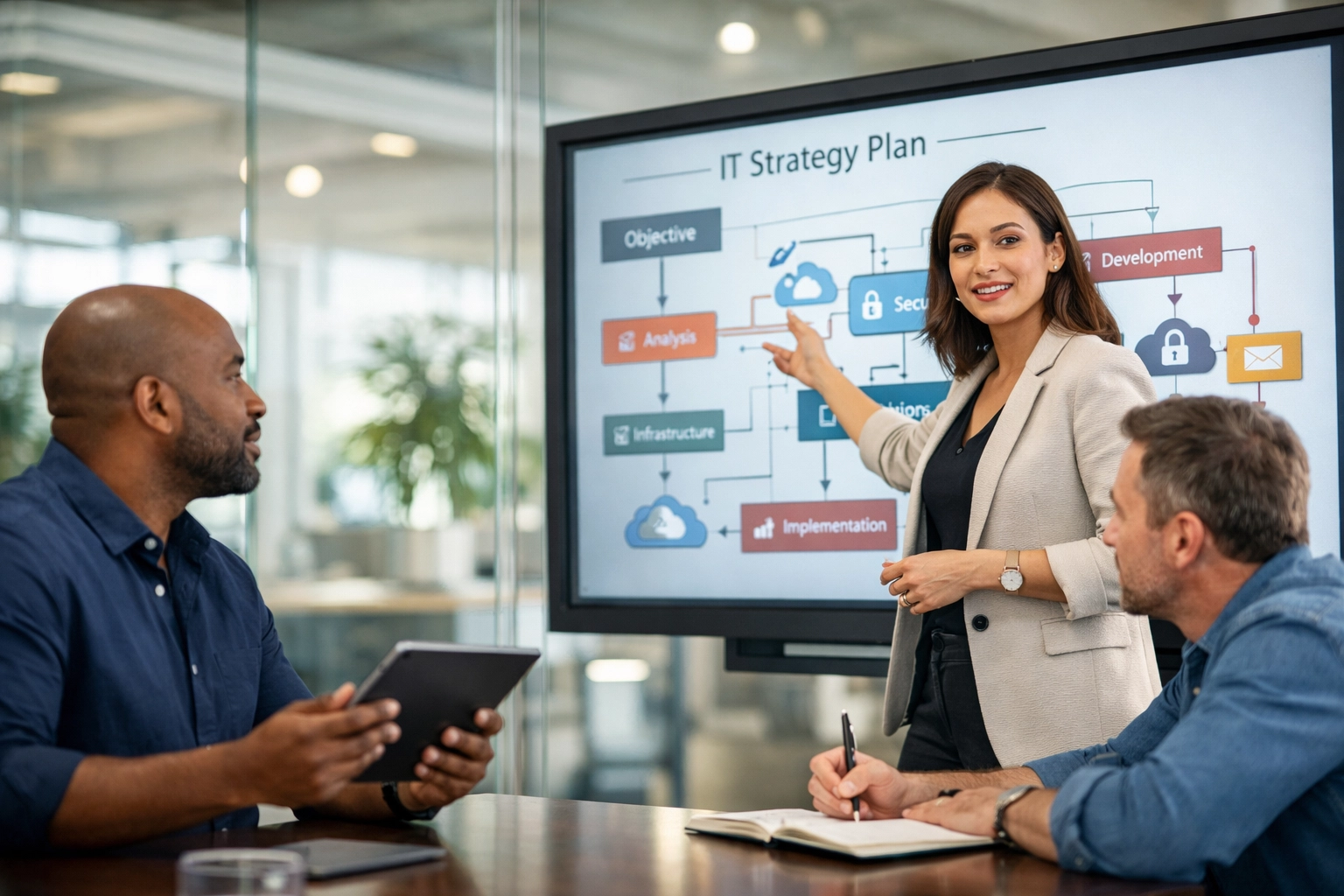 ServiceNow consultants and implementation partners strategizing ITOM and workflow automation in a modern office.