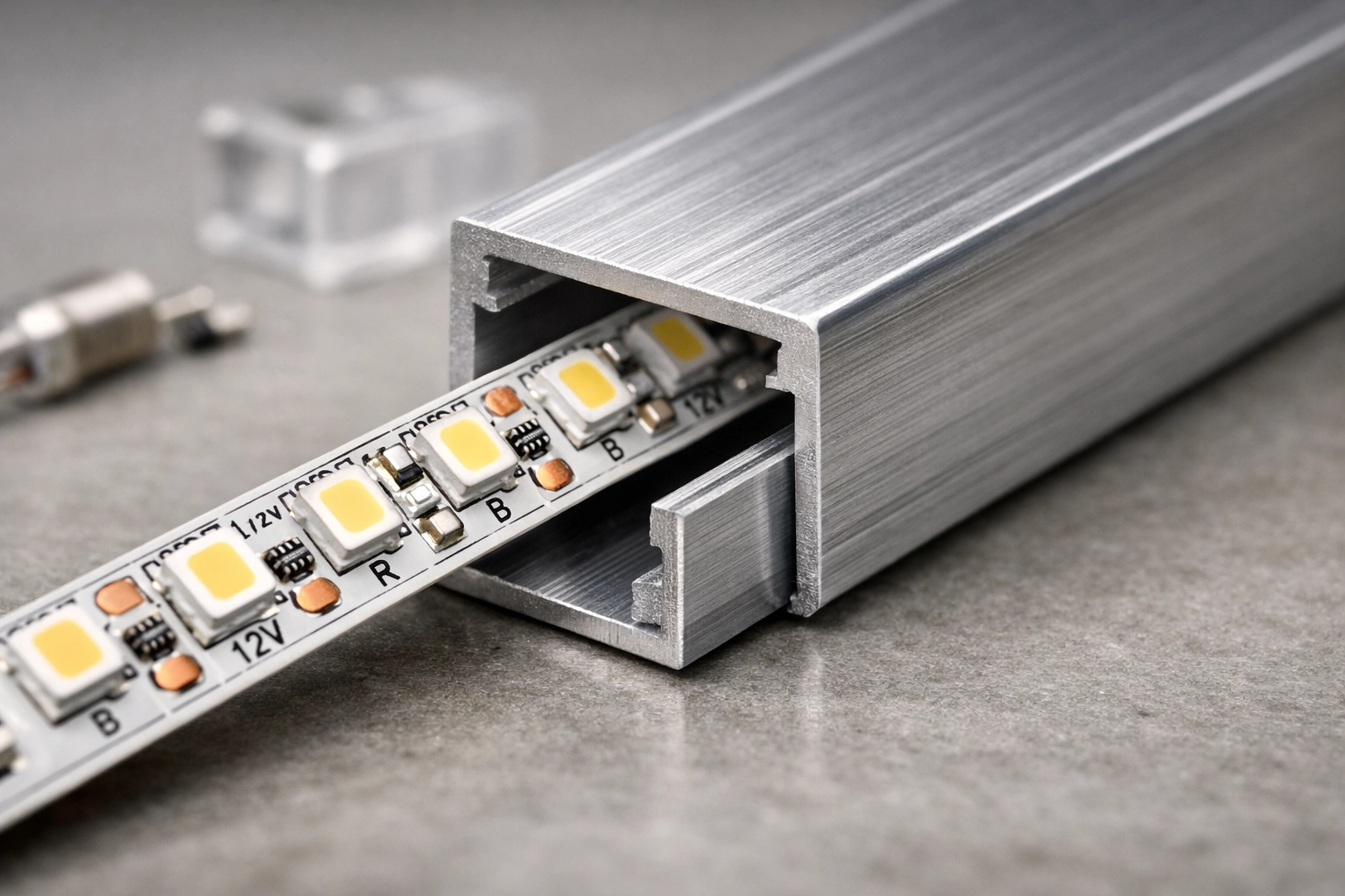 Close-up of high-quality LED strips being assembled into an aluminum channel for custom cabinet lighting.