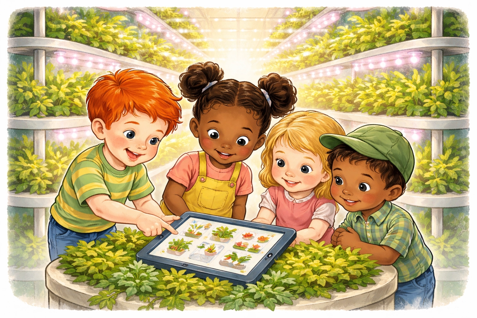 Children explore plant data on a tablet inside a bright indoor vertical farm, illustrating tech-savvy family farming.
