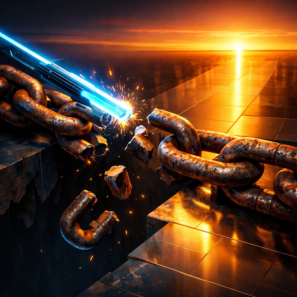 Digital blade cutting chains representing merchants breaking free from high global payment fees and banking limits.