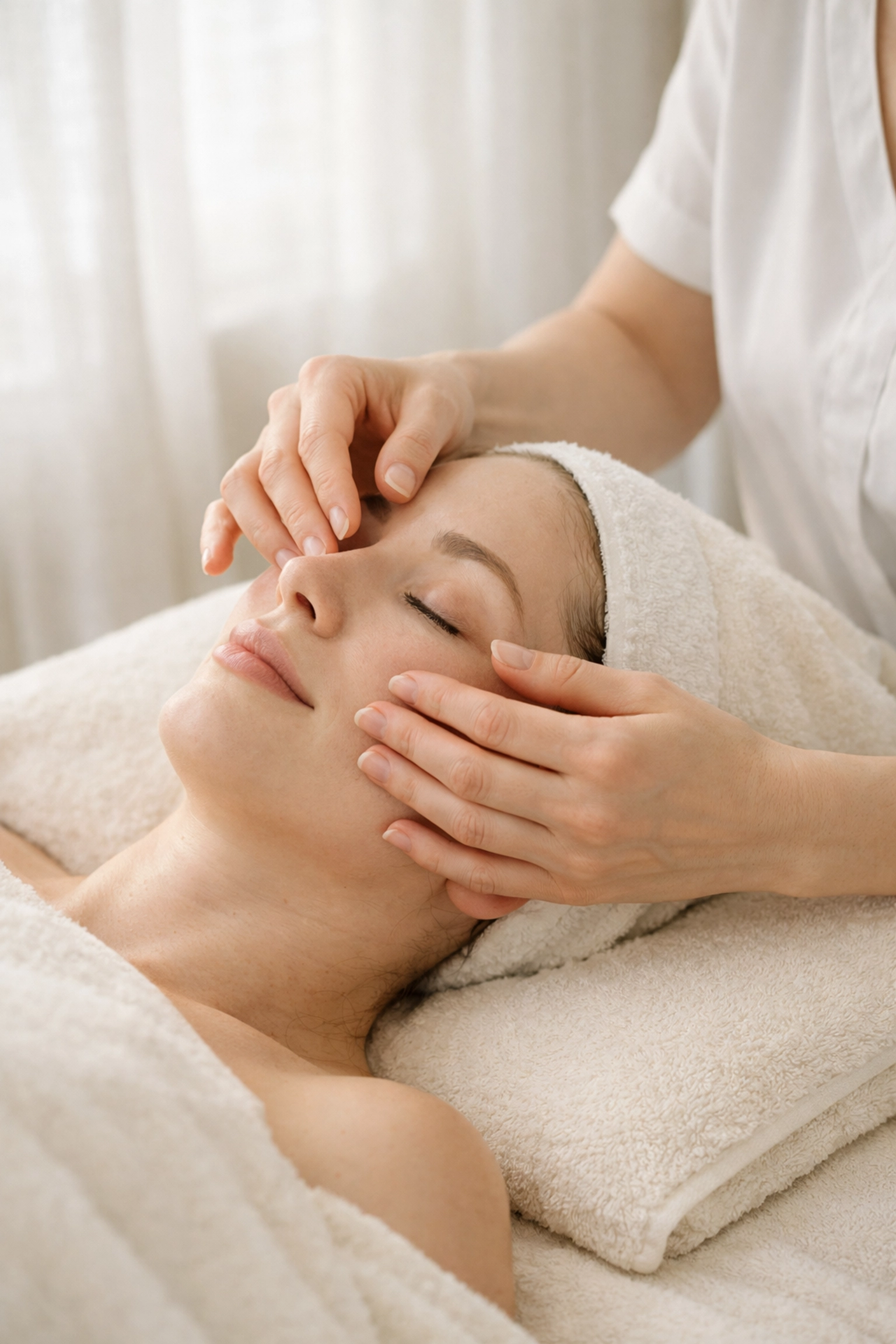 Professional esthetician performing facial skin analysis at Granger spa