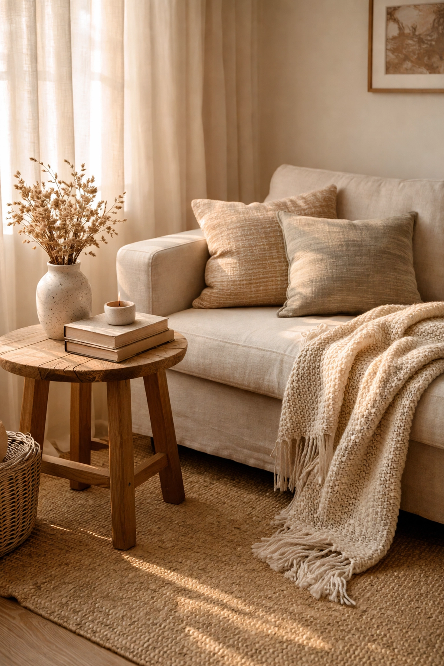 Neutral living room corner with natural wood, handcrafted decor, and cozy linen sofa for curated home refresh