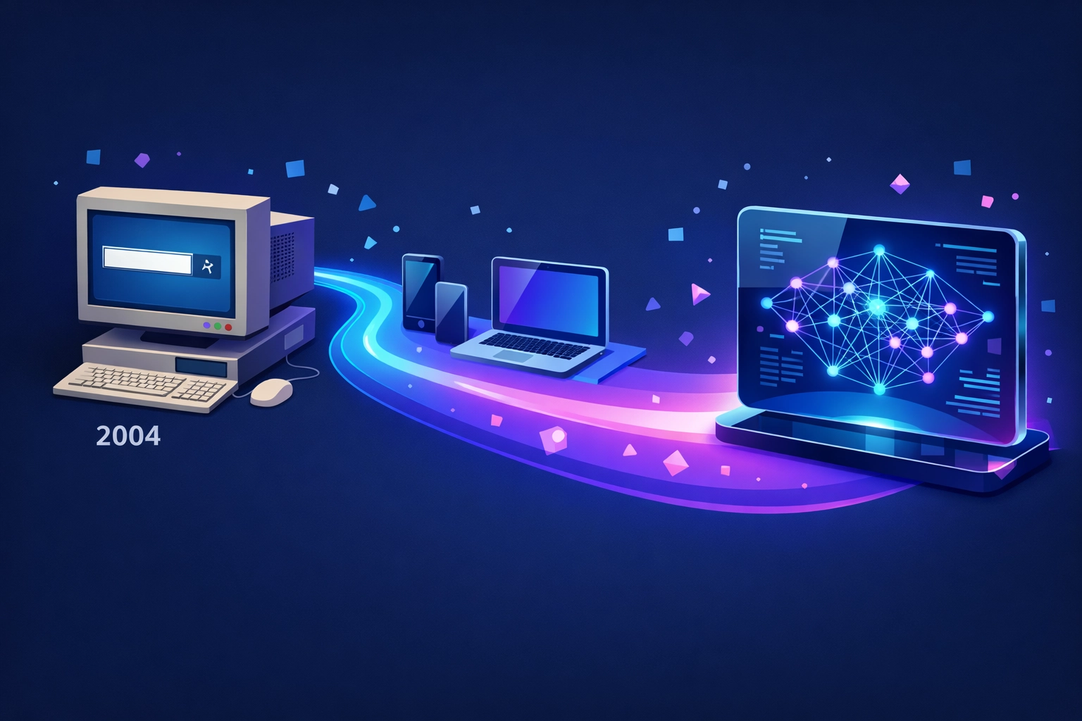 Timeline showing the evolution of search marketing from 2004 desktops to advanced AI technology.