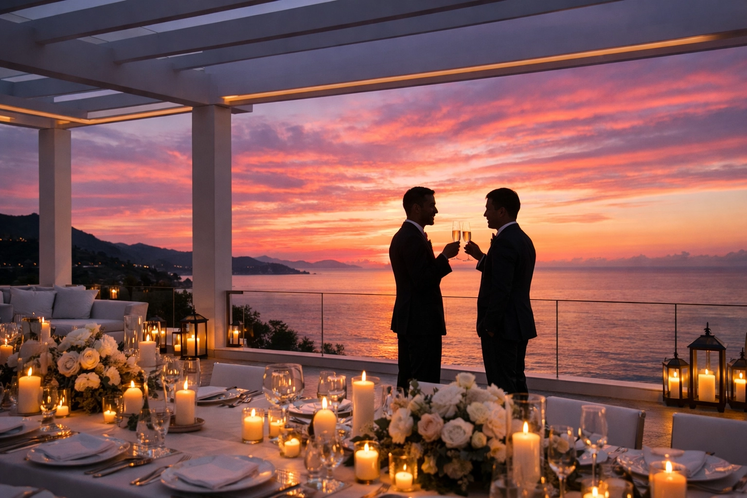 Two grooms toasting champagne at Mediterranean wedding venue in Sitges Spain