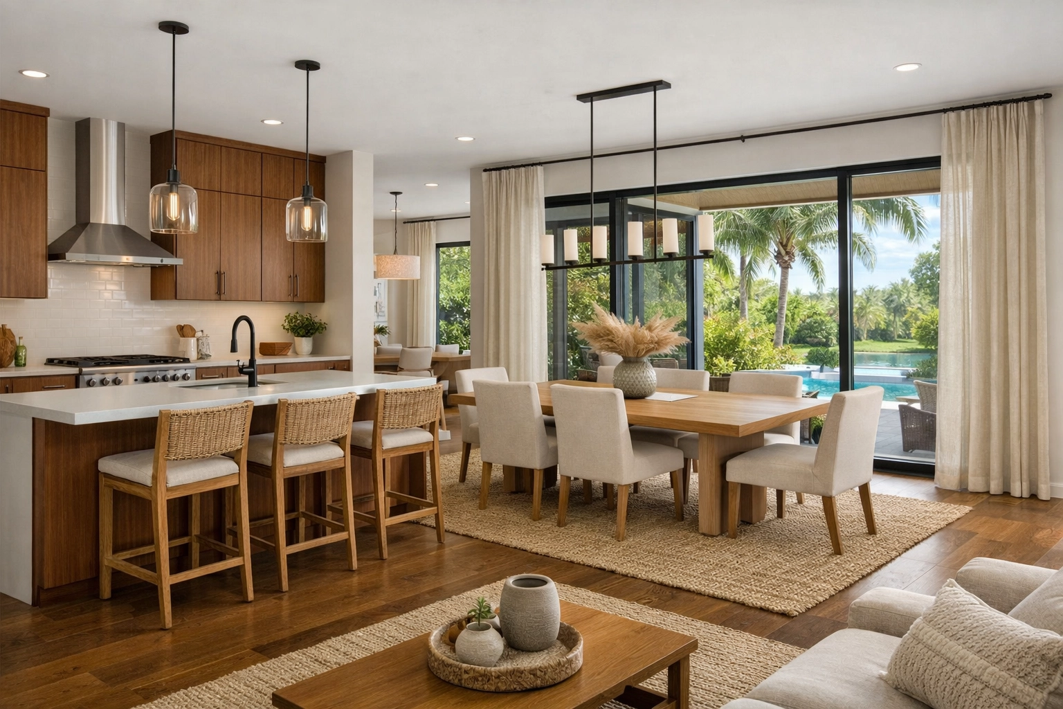 A stunning Orlando home interior transformation featuring a modern open-concept kitchen and dining area.