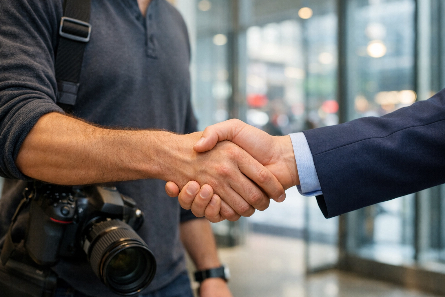 Professional photographer and client shaking hands after a successful booking, representing business security.