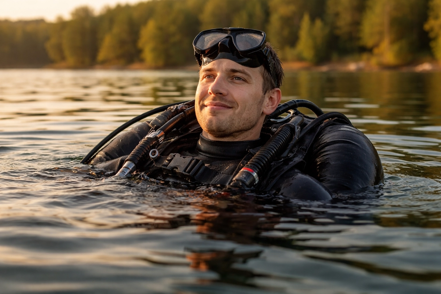 Taucher entspannt an der Seeoberfläche mit Wing-Jacket, angenehm getragen im ruhigen Goitzschesee